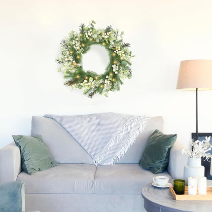 Perfnique 22'' Christmas Wreath for Front Door with Lights, Winter Outdoor Wreath Pine Wreath with White Berry and Glitter, Christmas Indoor Wreaths for Wall Window Fireplace Home Holiday Decor(White)