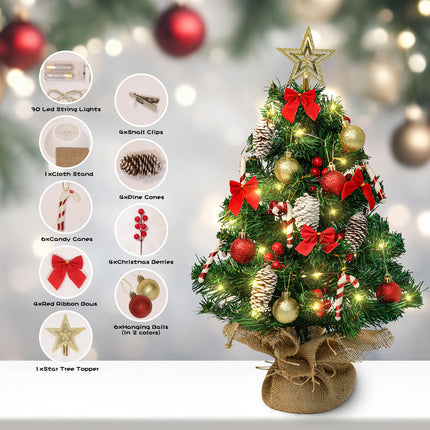 24 Inch Mini Christmas Tree, Small Artificial Christmas Tree with LED String Lights, Star Tree Topper and Hanging Ornaments, Tabletop Christmas Tree with Lights for Holiday DIY Christmas Decorations