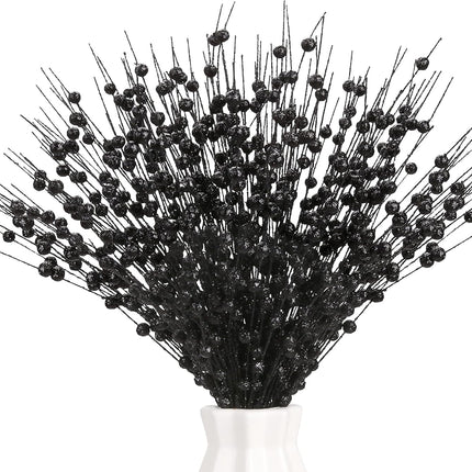 12 PCS Artificial Glitter Berry, Black Christmas Glitter Picks Artificial Berries Stems Ornaments Fake Xmas Stem Decorative Sticks for Vases Tall DIY Wreath Home Decor Halloween Decoration (15.8’’)