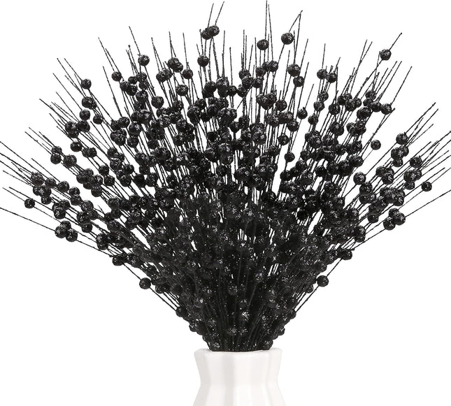 12 PCS Artificial Glitter Berry, Black Christmas Glitter Picks Artificial Berries Stems Ornaments Fake Xmas Stem Decorative Sticks for Vases Tall DIY Wreath Home Decor Halloween Decoration (15.8’’)