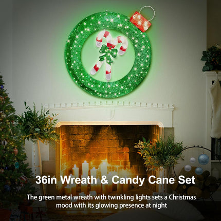 36 inch Outdoor Christmas Wreath with Lights, 8 Modes Lighted Wreath for Front Door, 120 LED Prelit Metal Wreath with Candy Cane, Lit Wreath for Yard Garden Outdoor Christmas Decor, Plug in
