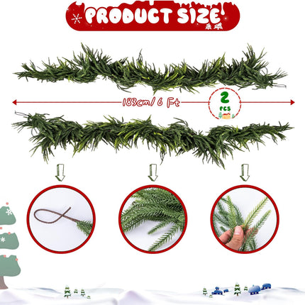2 Pcs Real Touch Norfolk Pine Garland,Pine Garland for Christmas Decor with Extension Branch,Artificial Green Garlands for Decoration,Christmas Garland Greenery Garland for Mantle Table Wall, 6 Feet