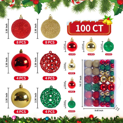 100 Pcs Christmas Ball Ornament Set, Red Green and Gold Shatterproof Christmas Decorations Set Hanging Plastic Xmas Balls for Home, Holiday, Wedding, Xmas Hanging Decortions