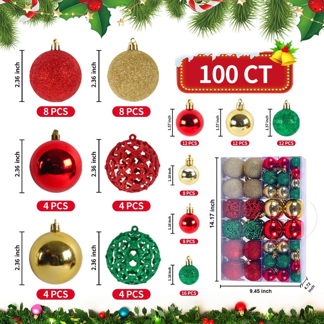 100 Pcs Christmas Ball Ornament Set, Red Green and Gold Shatterproof Christmas Decorations Set Hanging Plastic Xmas Balls for Home, Holiday, Wedding, Xmas Hanging Decortions