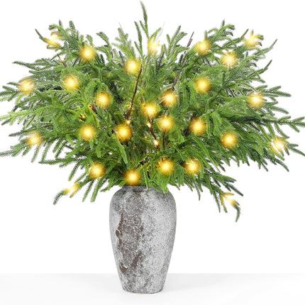 XunYee 8 Pcs 30" Christmas Pine Branches, 6 Pcs Christmas Norfolk Pine Branches Artificial Pine Stem 2 Pcs Lighted Brown Willow Picks DIY Craft Garland for Xmas Holiday Party Home Indoor Outdoor Decor