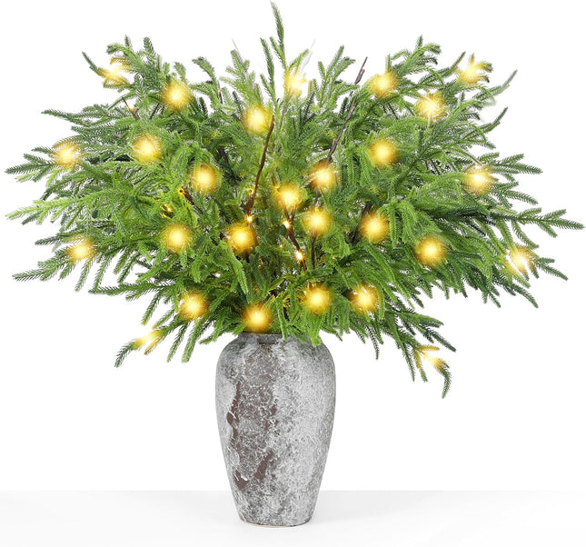 XunYee 8 Pcs 30" Christmas Pine Branches, 6 Pcs Christmas Norfolk Pine Branches Artificial Pine Stem 2 Pcs Lighted Brown Willow Picks DIY Craft Garland for Xmas Holiday Party Home Indoor Outdoor Decor