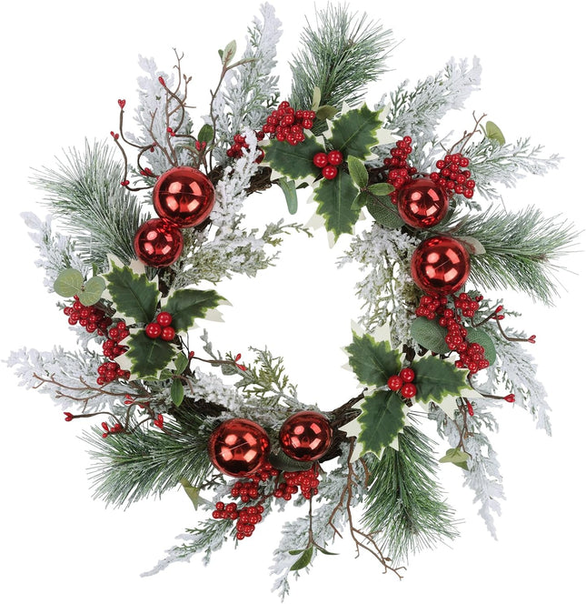 Pauwer Christmas Wreaths for Front Door, Outdoor Christmas Wreath, Artificial Christmas Wreath, Decorated with Pine Cone, Red Berries, Winter Door Wreath for Wall Windows Xmas Decoration, 20inches