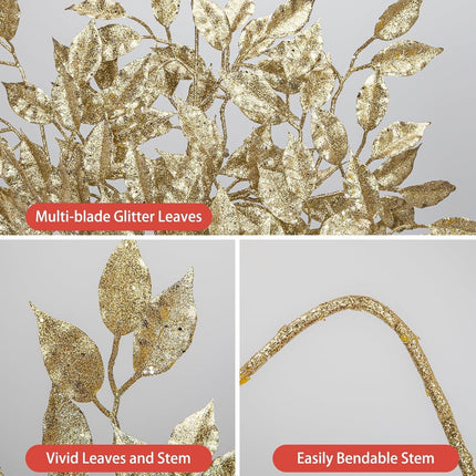 25.6" Christmas Glitter Leaves Stems, 5Pcs Artificial Champagne Leaf Spray Leaf Picks Tall Large for Christmas Tree DIY Xmas Wreath Garland Arrangment Vase Table Centerpieces Decoration Home Decor