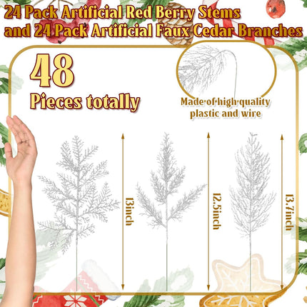 Panelee 45 Pcs Christmas Artificial Faux Cedar Branches, Artificial Pine Leaves,Christmas Greenery Fake Stems Christmas Tree Picks for Vase Garland Wreath Craft DIY Home Decoration(Silver Glitter)