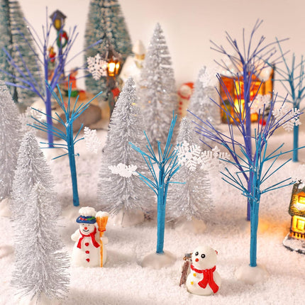 15 Pcs Mini Christmas Trees Bottle Brush Trees Set Christmas Village Sets Navy Blue Winter Village Accessories Ornaments for Christmas Decorations Snowflake Bare Branch Miniature Snow Frost Trees Home