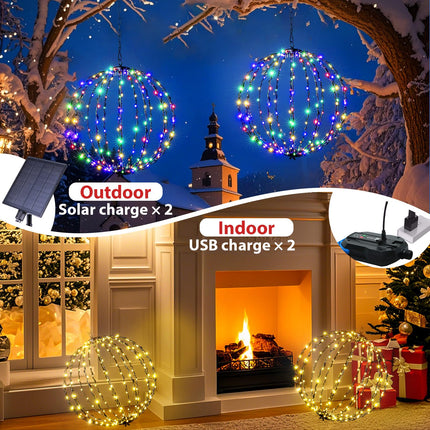 176 LED 13” Outdoor Christmas Light Balls, Solar Hanging Lighted Sphere Balls Lights, Prelit Fold Large Rechargeable Waterproof, Globe Light Ball for Outside Indoor Tree Eave Garden Decorations -2pack