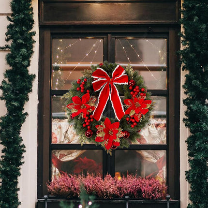 18Inch Christmas Wreath,Lighted Christmas Garland with Pine Needles Poinsettia for Home Indoor Outdoor Christmas Decorations Wreaths for Front Door Window Wall