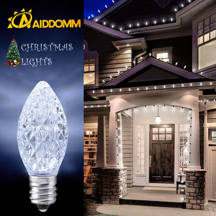 25 Pack C7 Cool White LED Replacement Christmas Light Faceted Bulbs, 0.72W, 2 SMD LEDs in Each Light Bulb, E12 Base, Commercial Grade Replacement Bulbs Dimmable Waterproof