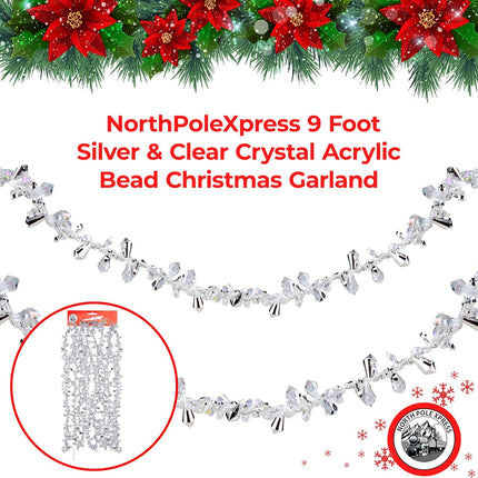 9 Foot Silver & Clear Crystal Acrylic Bead Christmas Garland Iridescent Christmas Tree Garland Perfect for White Winter Theme Trees Garland Christmas Decorations for Indoor Use