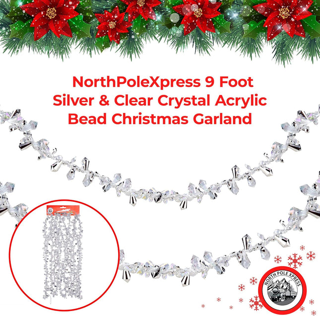 9 Foot Silver & Clear Crystal Acrylic Bead Christmas Garland Iridescent Christmas Tree Garland Perfect for White Winter Theme Trees Garland Christmas Decorations for Indoor Use