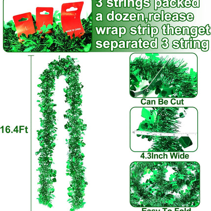 TURNMEON 3 Pack Total 49.2 Ft St.Patrick's Day Tinsel Garlands Decorations DIY Shamrocks Wreath for Front Door Irish Leprechaun Hat St.Patrick's Day Decorations Outdoor Indoor Home,16.4Ft by 4.3" Each