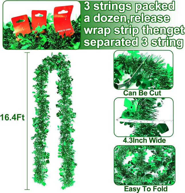 TURNMEON 3 Pack Total 49.2 Ft St.Patrick's Day Tinsel Garlands Decorations DIY Shamrocks Wreath for Front Door Irish Leprechaun Hat St.Patrick's Day Decorations Outdoor Indoor Home,16.4Ft by 4.3" Each