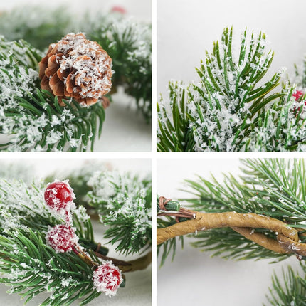 8pcs Christmas Candle Rings Wreaths, 3.1" Artificial Red Berries Candle Rings with Snowy Pine Needles Cones Mini Wreaths for Christmas Table Centerpiece Pillar Cabinets Decorations
