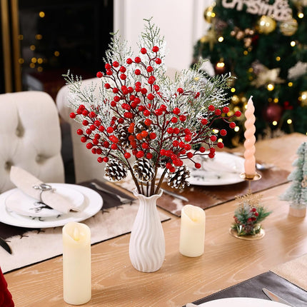 Topotdor Christmas Red Berries Stems Floral Picks, 16 Inch Artificial Pine Branches with Red Berries and Pine Cones for DIY Christmas Garland Wreath Crafts, 6PCS