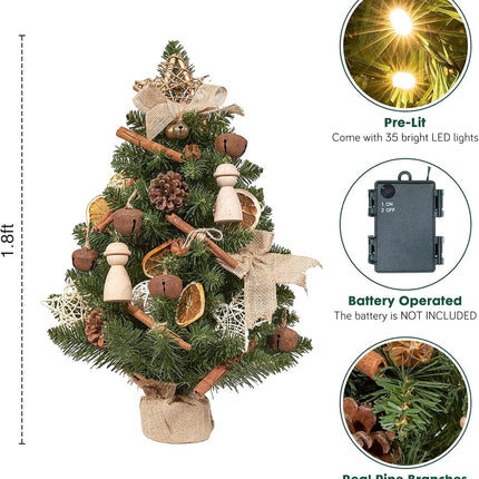 WBHome 1.8 Feet Pre-lit Decorated Tabletop Christmas Tree, Boho-Minimalist Christmas Themed Decorations with Pine Cones, Pre-Lit Mini Christmas Tree, 35 Bulbs