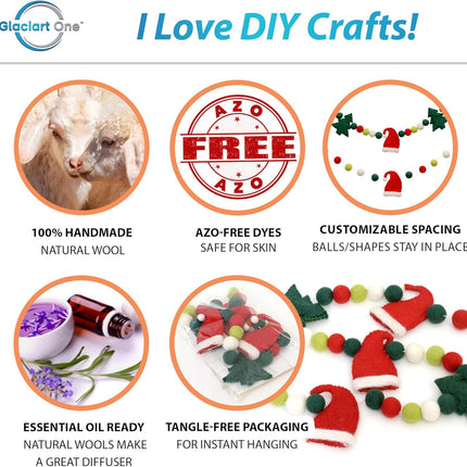 Glaciart One Christmas Felt Balls Garland - Pompom Holiday Decoration Hand-Made from Natural Wool - Cute Hanging Decor for Christmas Tree, Mantel, Kids Bedroom, Living Room, Nursery - 10 Feet Long