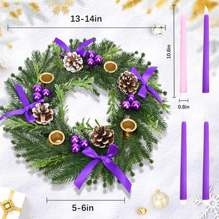 Dolicer 13.5 Inch Christmas Advent Wreath Candle Holder, Cone Purple Bow Christmas Wreath Advent 4 Candle Holders for Xmas Centerpiece Decor Winter Holidays Home Decor