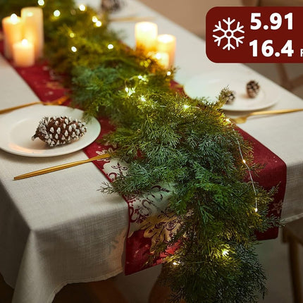 6FT Christmas Garland PARTY JOY Cedar Garland with 9.8FT LED Lights String, Greenery Plant for Christmas Decorations Table Mantle Background Wall Room Outdoor Indoor Winter Decoration