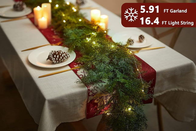 6FT Christmas Garland PARTY JOY Cedar Garland with 9.8FT LED Lights String, Greenery Plant for Christmas Decorations Table Mantle Background Wall Room Outdoor Indoor Winter Decoration