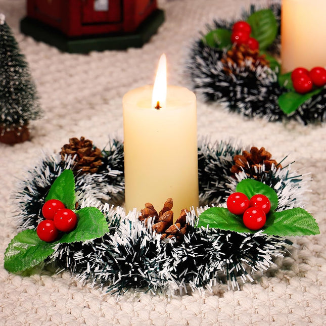 6 Pcs 4.1 inch Christmas Candle Rings- Xmas Artificial Berries Candle Wreath Holder with Pine Cones for Pillar Rustic Wedding Centerpiece Holiday Table Decoration