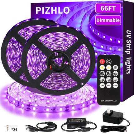 66ft Dimmable Black Light Strip & Remote, 1200 LEDs 12V Flexible LED Blacklight Strip, 20m LED Ribbon, Non-Waterproof Black Lights for Glow Party Birthday Halloween Christmas Party Body Paint
