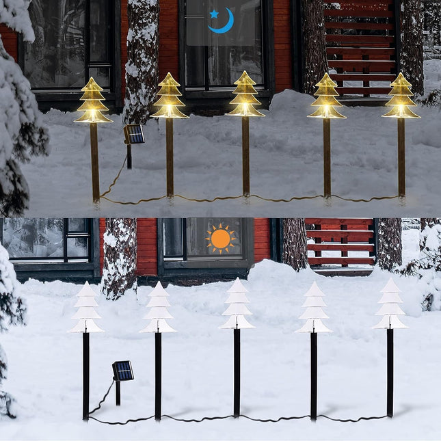 ILLUMI Christmas Solar Pathway Lights, Set of 5 Waterproof Landscape Christmas Lights, Stake Christmas Decorations, LED Lights for Yard Lawn Patio Walkway Decor (5PCS-Warm White-Tree)