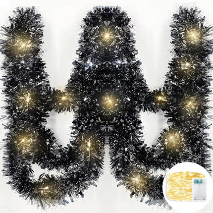100 LED Lights TURNMEON 33 Ft Long Black Christmas Prelit Black Tinsel Garland Decorations Thick Thin Shiny Metallic Tinsel Twist Garland for Christmas Tree Decorations Home Indoor Outdoor Party