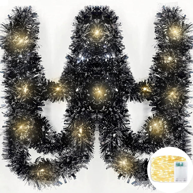 100 LED Lights TURNMEON 33 Ft Long Black Christmas Prelit Black Tinsel Garland Decorations Thick Thin Shiny Metallic Tinsel Twist Garland for Christmas Tree Decorations Home Indoor Outdoor Party