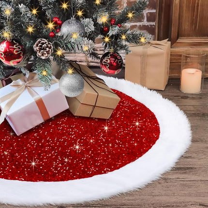 TOCHGREEN Sequin Christmas Tree Skirt 48inches Sparkly Tree Skirts with White Faux Fur Plush Tree Mat for Xmas Tree Holiday Winter Home Party Christmas Halloween Thanksgiving Decoration