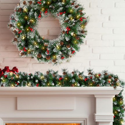 Brightown Christmas Garland with Lights, 9ft 100LED Battery Operated Garland Decorated with Pine Cones, Berry, 8 Light Modes & Timer, Indoor & Outdoor Christmas Lights for Stairs Fireplace Door Fences