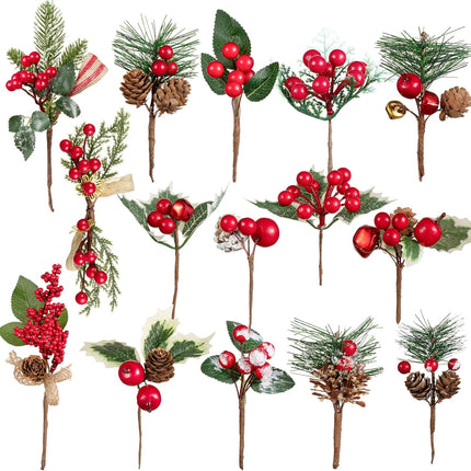 Crafare 15 Pack Small Artificial Christmas Picks 5"-10" Assorted Red Berry Picks Stems Faux Pine Picks Spray with Pinecones for Christmas Floral Arrangement Winter Holiday Season Decoration