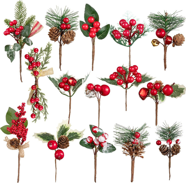 Crafare 15 Pack Small Artificial Christmas Picks 5"-10" Assorted Red Berry Picks Stems Faux Pine Picks Spray with Pinecones for Christmas Floral Arrangement Winter Holiday Season Decoration