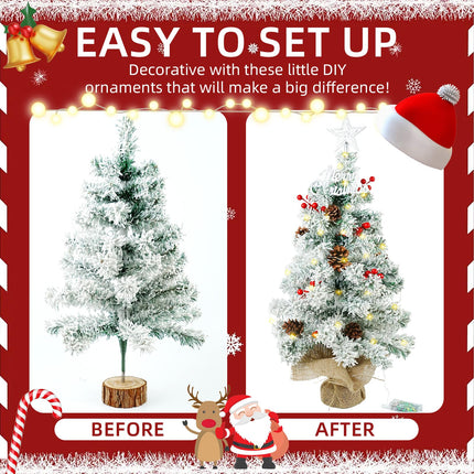 24 Inch/2 FT Mini Christmas Tree Blind Box, Small Tabletop Flocked Tree with LED Lights, Pine Cones, Star Tree Topper, Snow Flocked Artificial Pine Xmas Tree,Mini Box and Cloth Bag Base