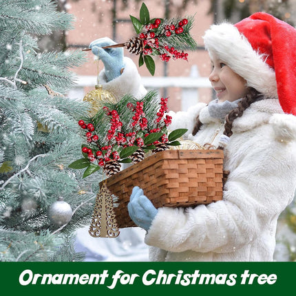 Artificial Christmas Picks, 12 PCS 12" Pine Branches Red Berry Twig Stems Pinecones Holly Snow Flocked Spray Flowers for Christmas Tree Wreath Floral Arrangement Winter Holiday Season Décor
