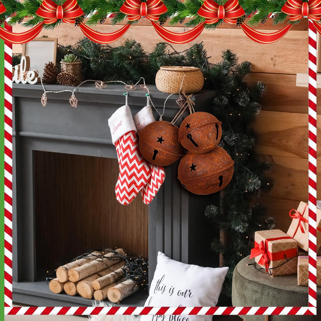 Tandefio 3 Pcs Large Vintage Christmas Bells Rusty Metal Jingle Bells Decoration Christmas Tree Ornament 5.5" 4.7" 4" H Giant Decorative Sleigh Bells with Rope for Xmas Tree Door Home DIY Crafts Decor
