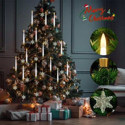Flameless Taper Candles for Christmas Tree Decorations, Battery Operated Christmas Candles with Remote, 12 Pack Flickering LED Candles with Clear Snowflake Hooks for Xmas Tree Decoration