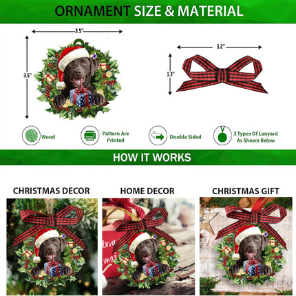 Talataca Chocolate Labrador Retriever Wearing A Hat Wreath Dog Lover 2D Flat Christmas Tree Wood Ornament Decor Wooden Hanging Decoration House Present Xmas Eve Keepsake Decorative