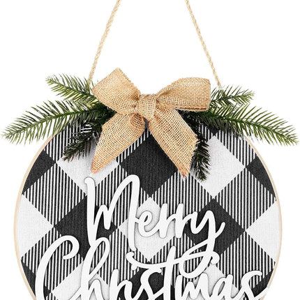 Jetec Christmas Sign Merry Christmas Decorations White and Black Wood Wreath Hanging Sign Rustic Burlap Wooden Holiday Decor for Christmas Home Window Wall Door Farmhouse Indoor Outdoor