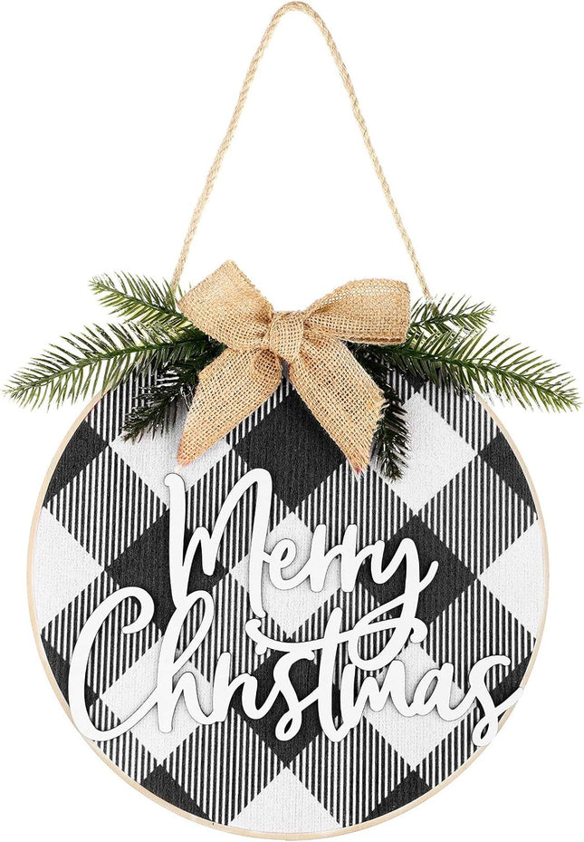 Jetec Christmas Sign Merry Christmas Decorations White and Black Wood Wreath Hanging Sign Rustic Burlap Wooden Holiday Decor for Christmas Home Window Wall Door Farmhouse Indoor Outdoor