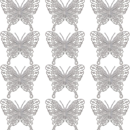 12 PCS Glitter Butterfly Christmas Tree Ornaments, Hollow-Out Butterfly Christmas Decoration with Clips, Craft Xmas Ornaments, Christmas Tree, Wreath, Garland, Home Decorations, Silver