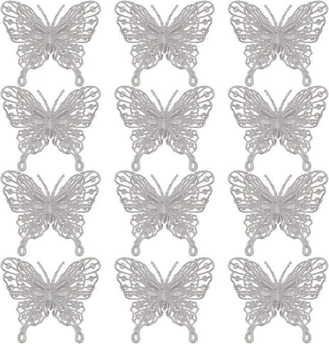 12 PCS Glitter Butterfly Christmas Tree Ornaments, Hollow-Out Butterfly Christmas Decoration with Clips, Craft Xmas Ornaments, Christmas Tree, Wreath, Garland, Home Decorations, Silver