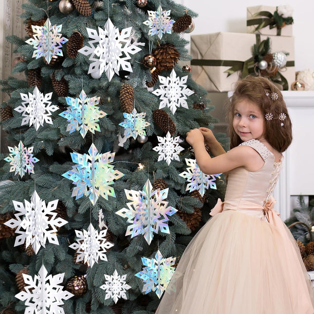 Christmas Snowflake Decorations Indoor, 24PCS 3D Paper Snowflakes Hanging Ornaments White Snowflake Garlands for Xmas Christmas Winter Wonderland Holiday Year Party Home Decorations