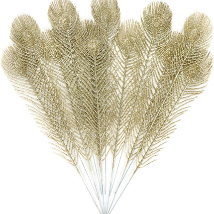 12 Pieces Artificial Peacock Feather Glitter Leaves Christmas Picks Sprays for Xmas Tree Decoration Vase Filler Flower Arrangment Christmas Wreath DIY Crafts Decor (Champagne)