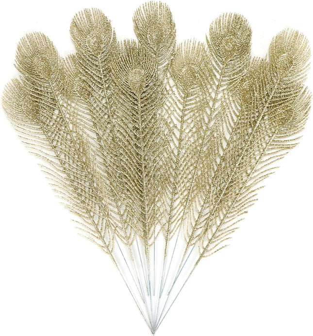 12 Pieces Artificial Peacock Feather Glitter Leaves Christmas Picks Sprays for Xmas Tree Decoration Vase Filler Flower Arrangment Christmas Wreath DIY Crafts Decor (Champagne)