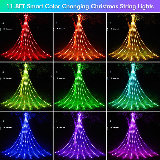 Outdoor Christmas Decorations, 11.8FT 344LED RGB Color Changing Christmas Waterfall String Lights with Star, APP Remote Control, DIY Multi-Color Lightshow, Music Sync, Xmas Year Decor
